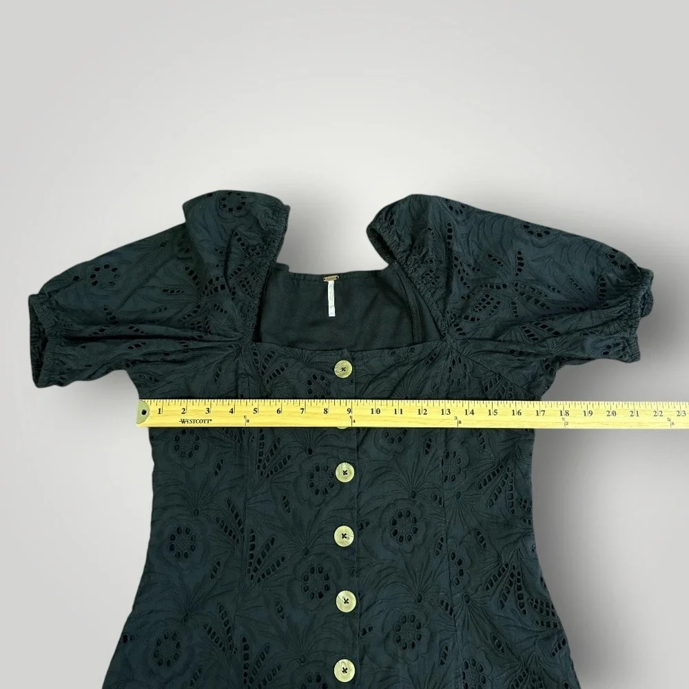 Free People Black‎ Eyelet Puff Sleeve Button Front Mini Dress Womens Size 10